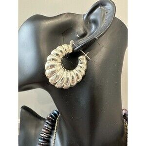 Vintage 90s style Sterling Silver 925 Puffy Ridged Scalloped Hoop Earrings 1.5"